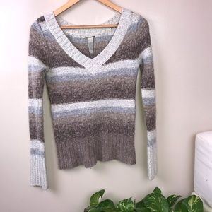 Lucky Brand Brown Striped Medium Sweater V-Neck